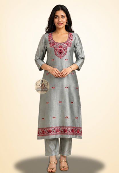 Handloom Baluchari silk unstitched kurti piece in Silver with Resham woven neckline motifs – Dakshin Vastram
