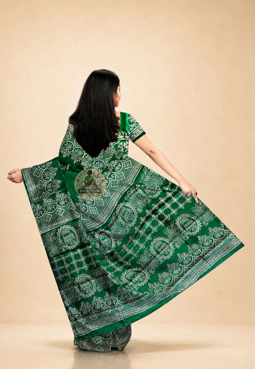 Bishnupur Silk Block Print Saree rear view – full drape showcasing Bengal folk art motifs on premium pure silk for South Asian women in America