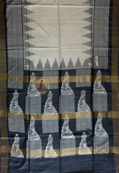 Full view of Ghicha Tussar Silk Saree laid flat showcasing complete handwoven raw silk fabric in natural tone, a timeless choice for sister's mehendi in Surat and Indian festive wear