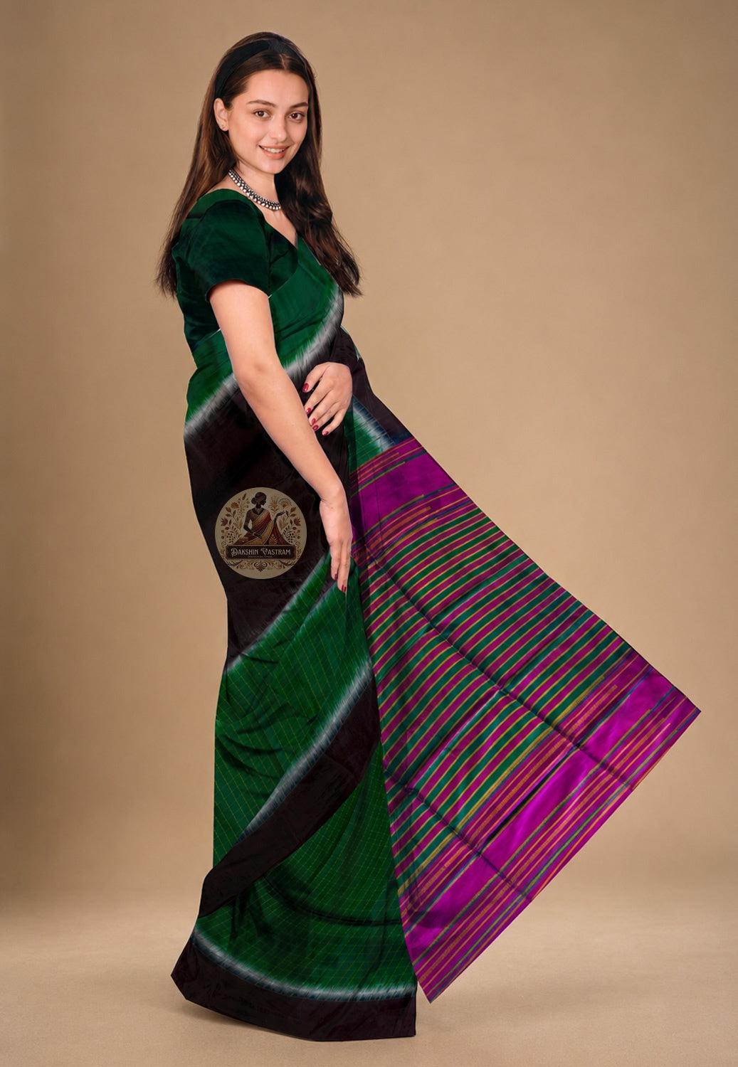 Side view of Bishnupur Katan Silk Saree showing structured drape and elegant fall, ideal for Bengali weddings and Durga Puja