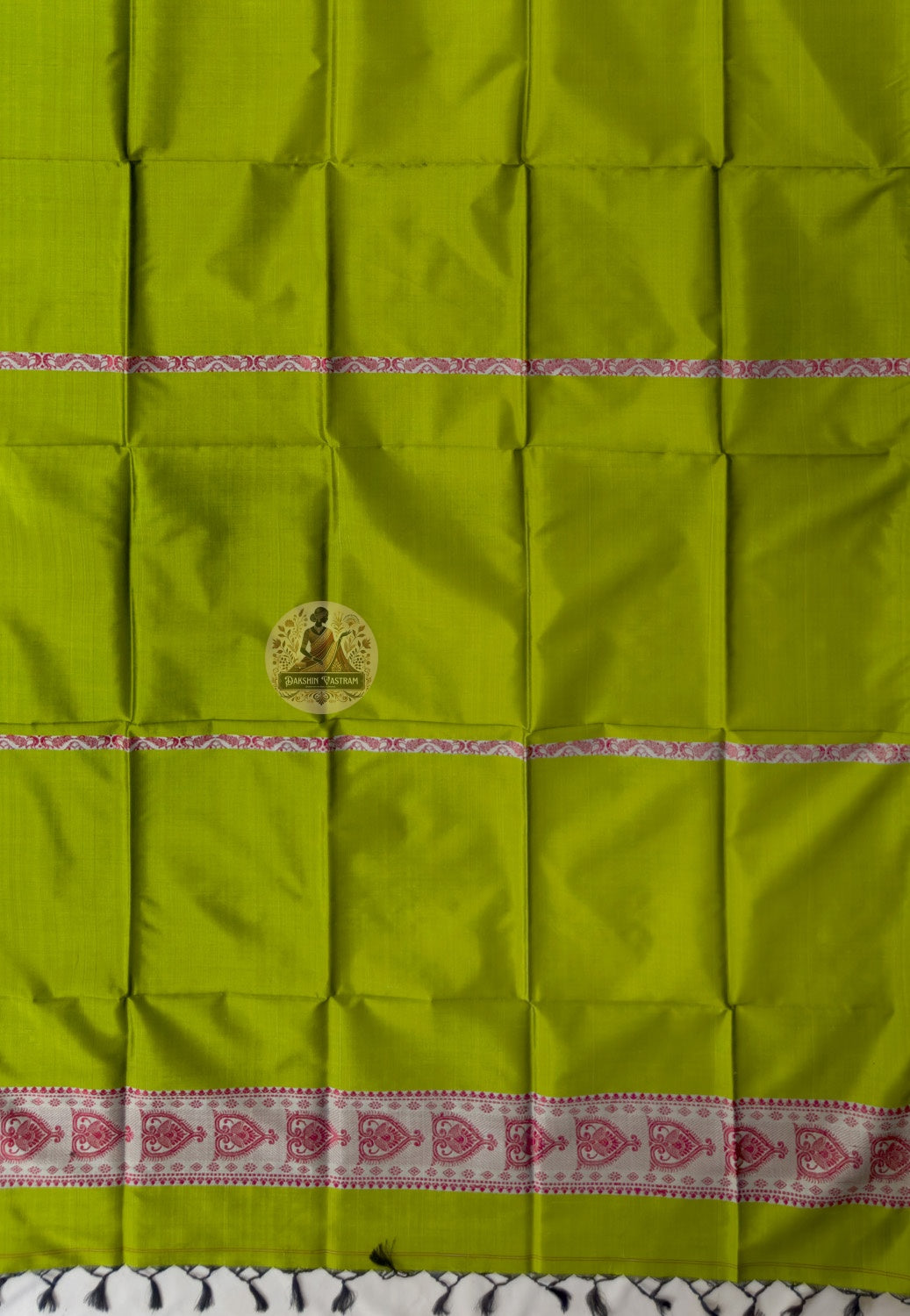 Rear view of Bishnupur Baluchari silk stole showcasing elaborately worked terminal panel with dense mythological narrative motifs in pure silk