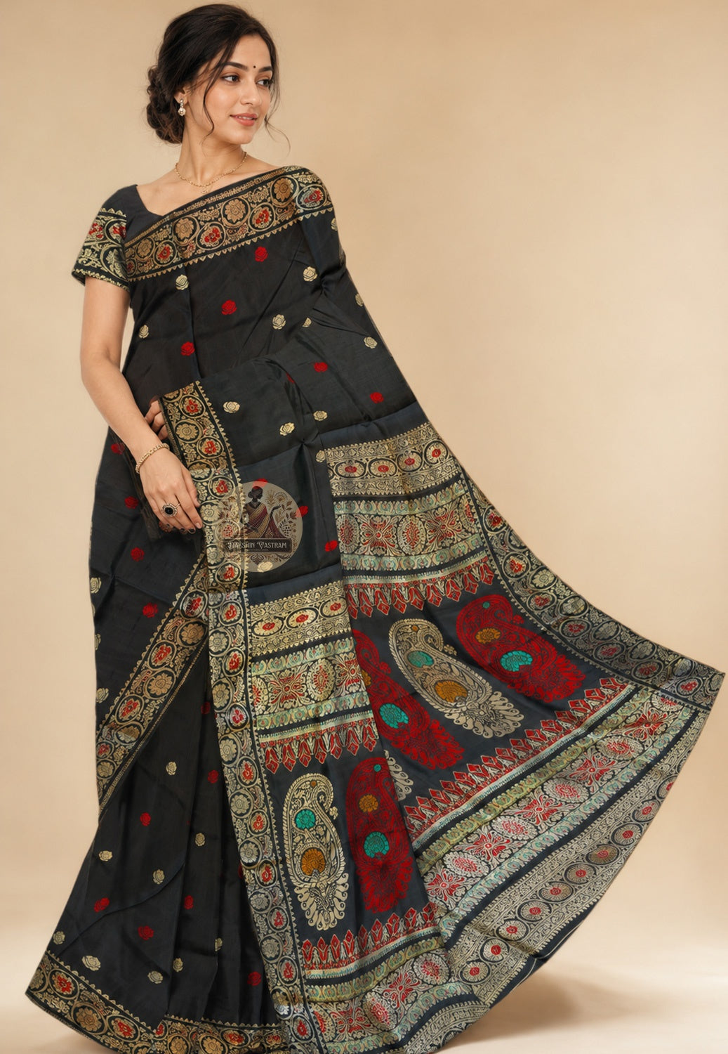 Front view of premium Bishnupur Baluchari Silk Saree in pure luminous silk with finest handwoven mythological pallu and traditional border, draped for Durga Puja and weddings in West Bengal