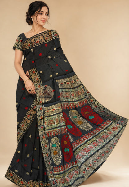 Front view of premium Bishnupur Baluchari Silk Saree in pure luminous silk with finest handwoven mythological pallu and traditional border, draped for Durga Puja and weddings in West Bengal