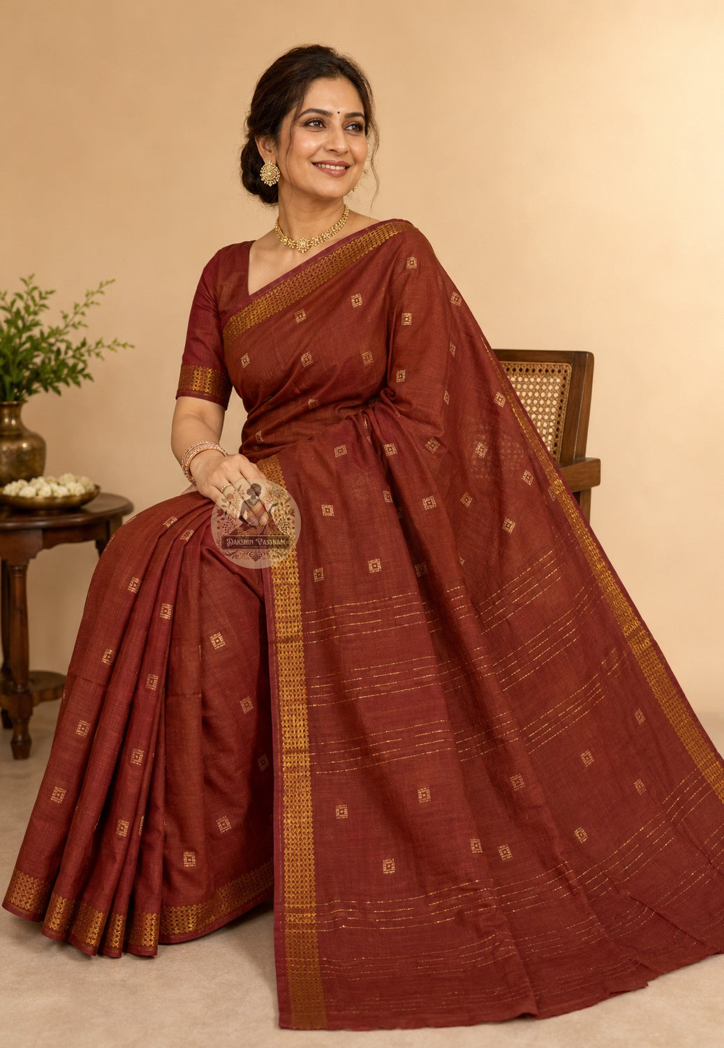 Rear view of fine handloom cotton saree highlighting the pallu design and natural woven finish