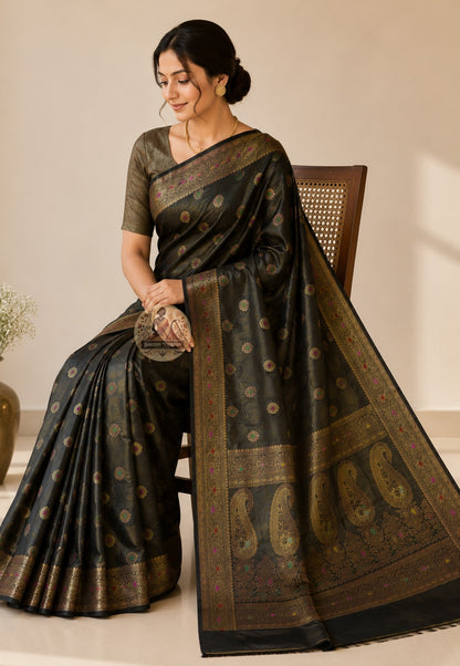 Rear view of Banarasi Muga Tussar Saree highlighting richly woven zari pallu with traditional Banarasi buta and floral motifs