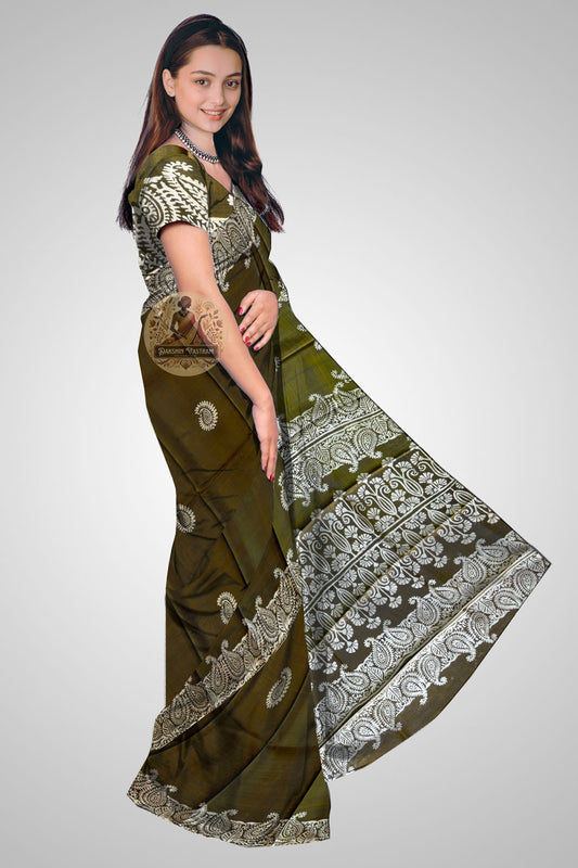 Shop Bishnupur Silk Saree online – Side view showing block print motifs