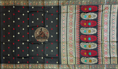 Close-up of pure silk fabric of premium Bishnupur Baluchari Saree showing exceptional natural luminous sheen, fine handwoven texture and soft drape of traditional Bengal silk
