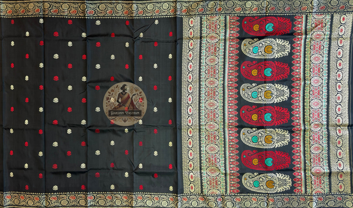 Heritage Baluchari saree in blush pink with intricate Mughal-era storytelling panels and deep burgundy border