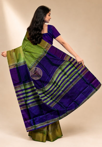 Rear view of handwoven Bishnupur Katan Silk Saree displaying the richly woven pallu with traditional Bengal terracotta temple and folk motifs — permanent, woven in, generational