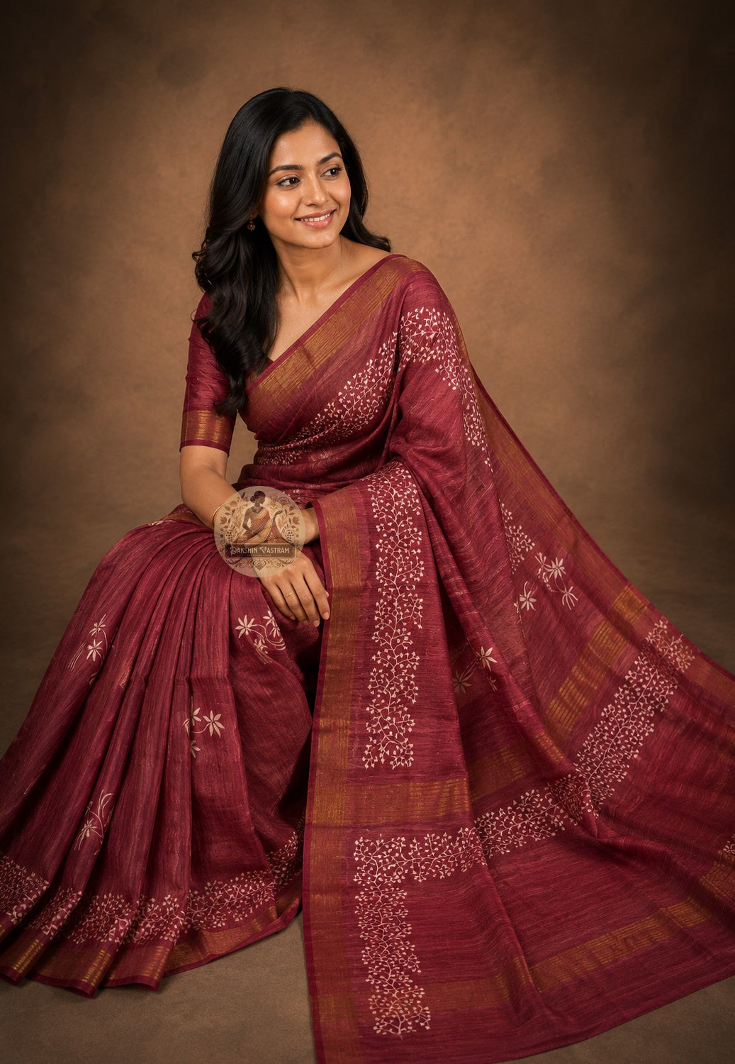 Rear view of pure Ghicha Tussar Silk Saree displaying the pallu design and handloom weave detail, crafted for women who celebrate Indian heritage