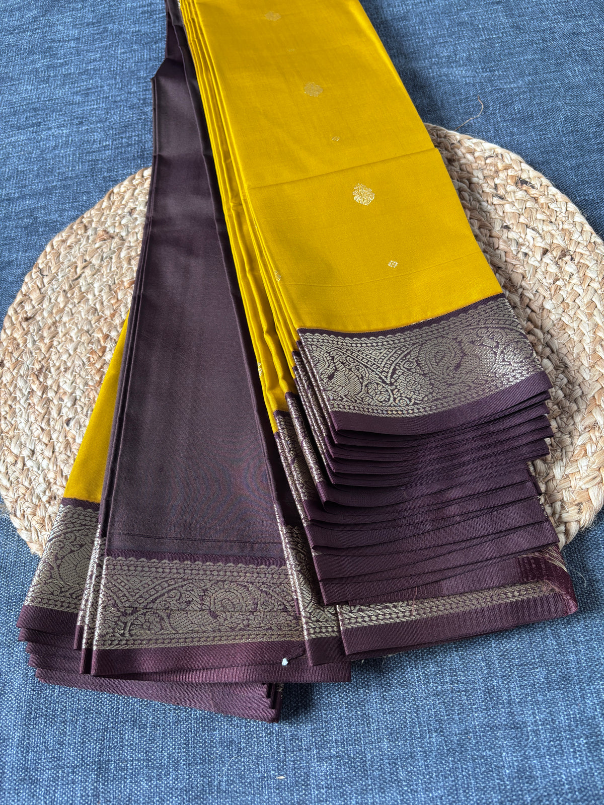 Close-up of gold zari border on Semi Kanjivaram silk saree – authentic Indian handloom UK