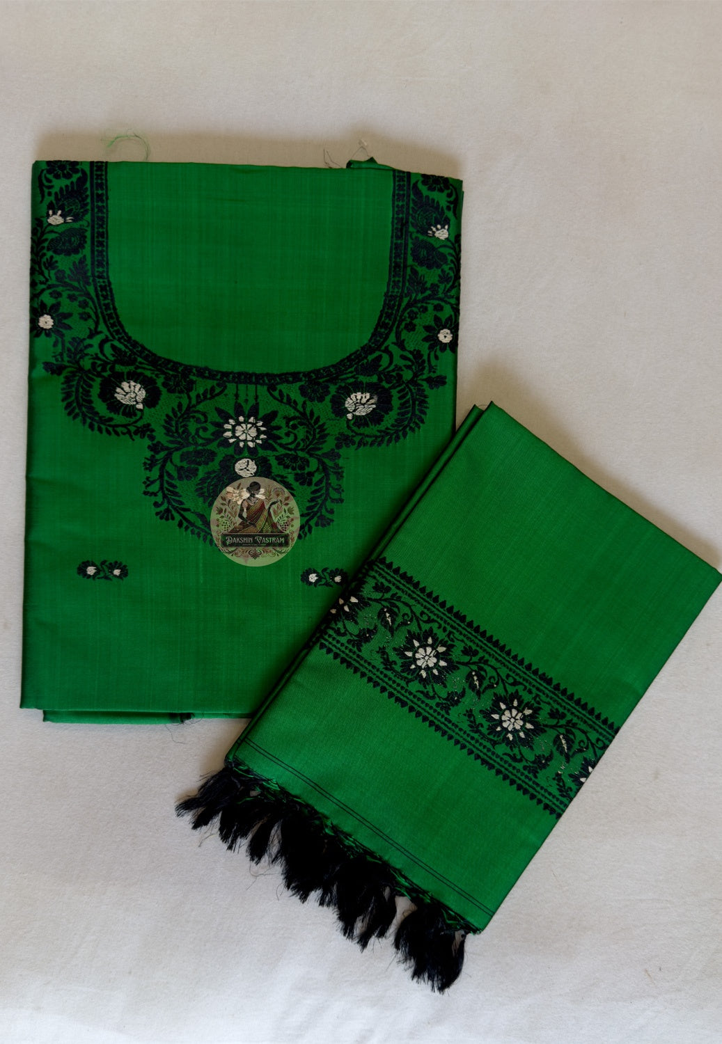 Resham woven neckline panel detail on forest green Baluchari Mulberry silk kurti fabric — heritage handloom India