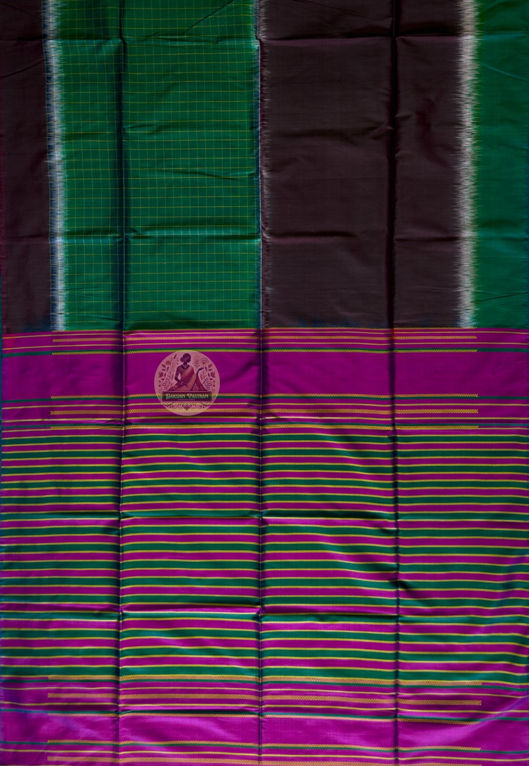Full flat-lay view of Bishnupur Pure Katan Silk Saree showing complete handloom weave, woven border, and pallu design from Bengal