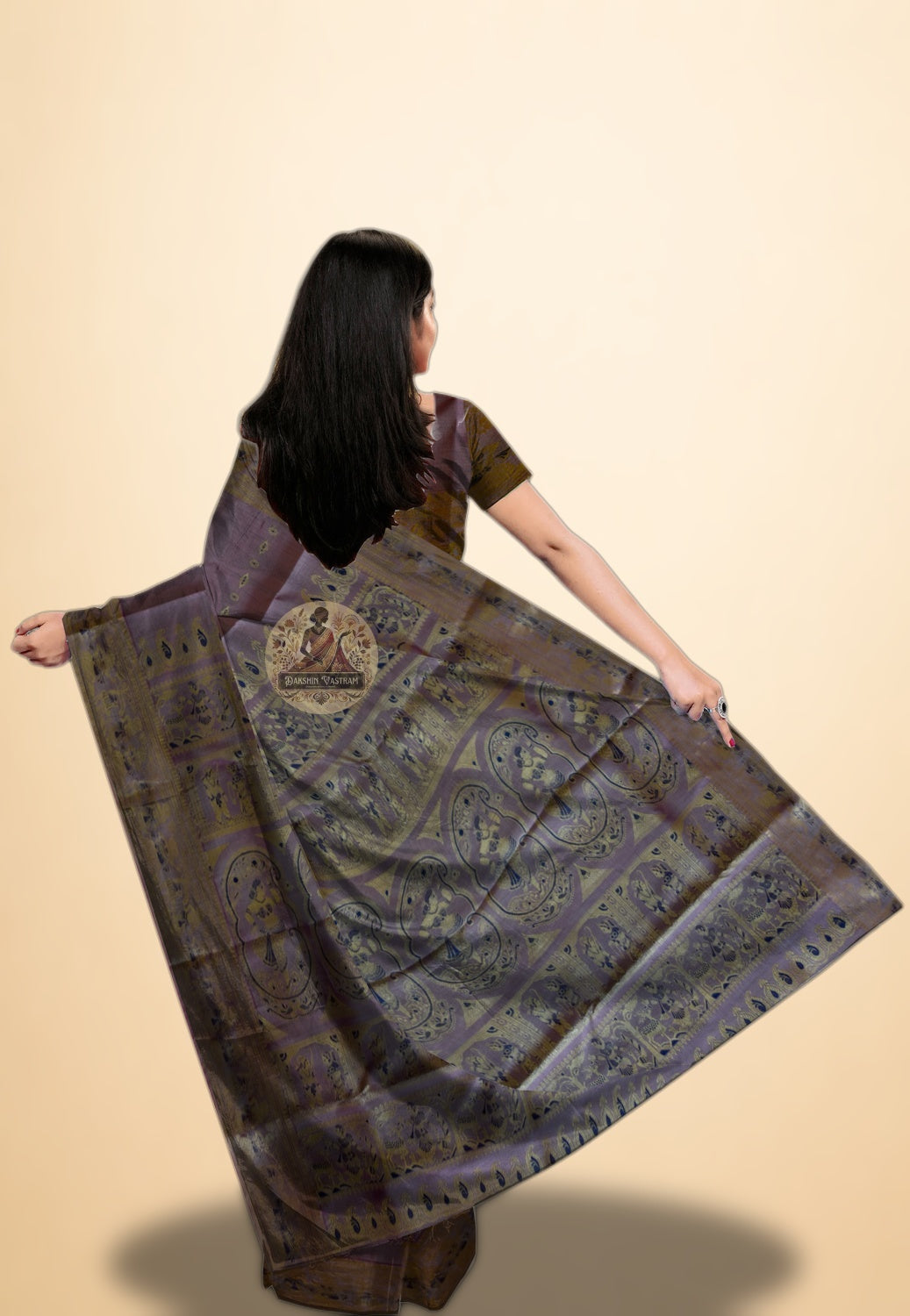 Indian woman in full drape of Bengal Baluchari pure silk saree with story-woven border — buy UK