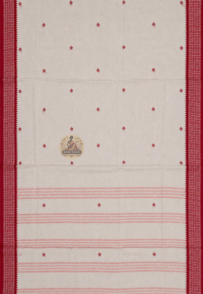 Full length view of pure cotton handloom saree without blouse, displaying complete body, border, and pallu as a wardrobe essential