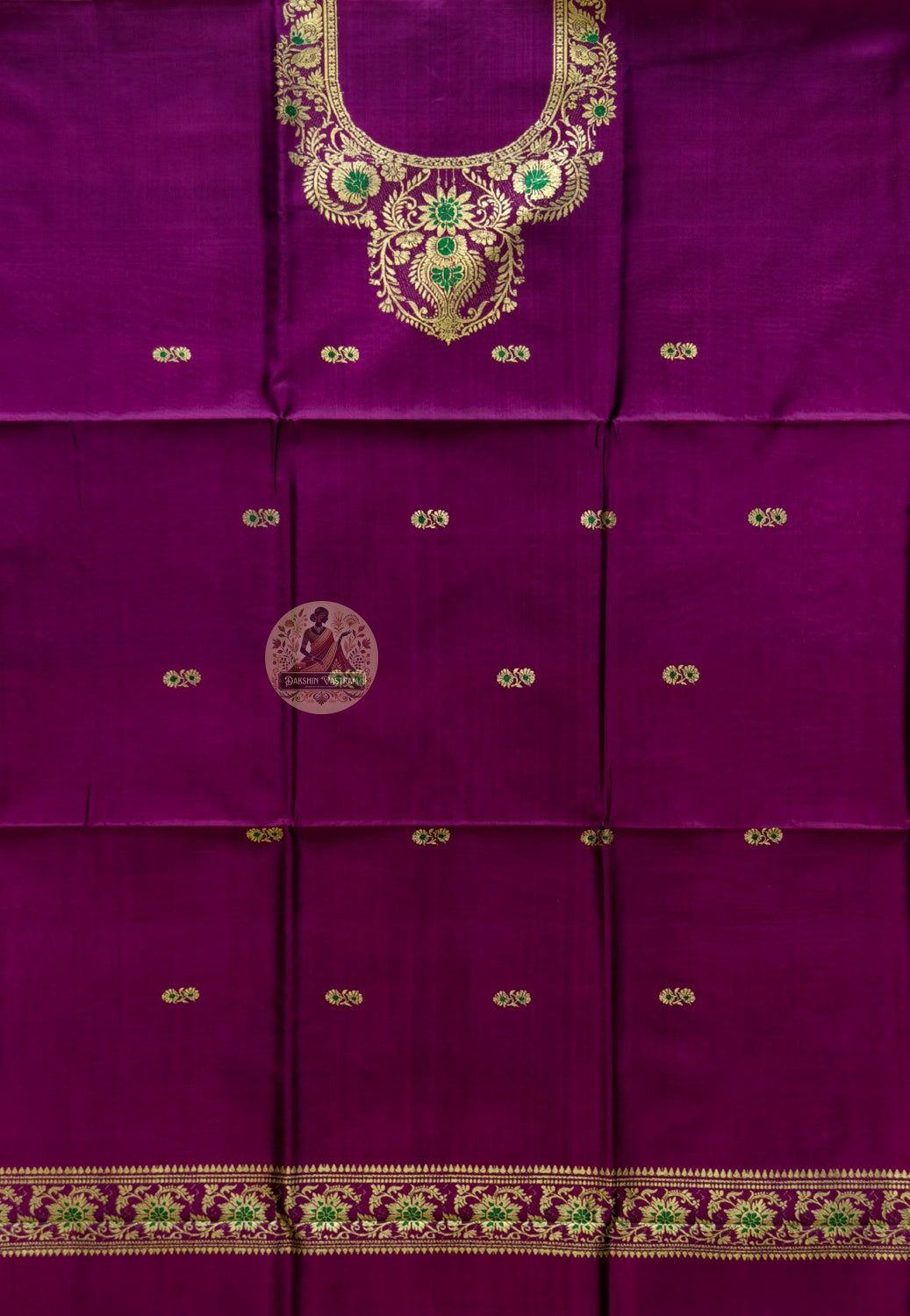 Flat lay of handloom Baluchari silk kurti piece in magenta showing full fabric length and resham border design