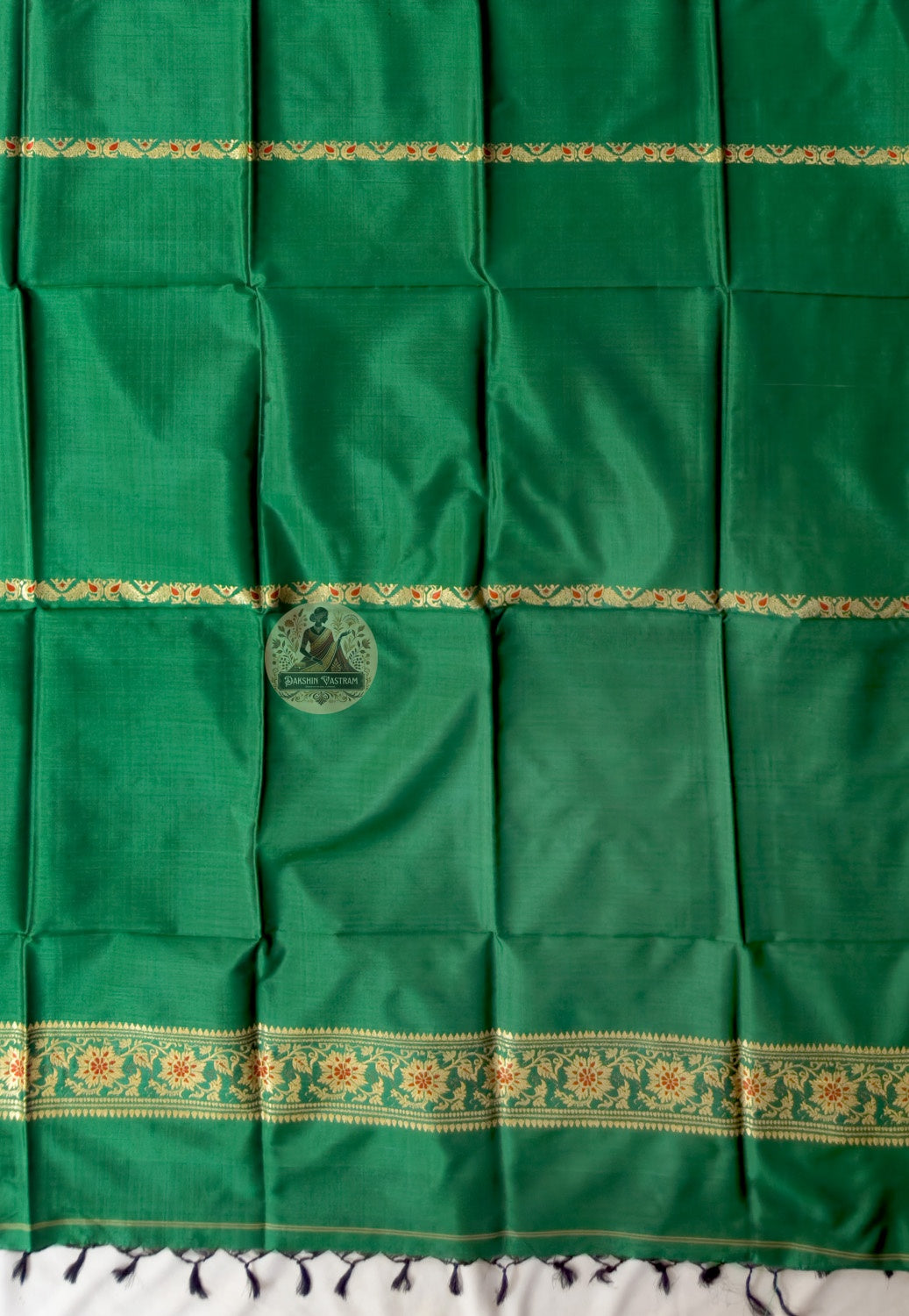 Flat lay of Bishnupur Baluchari pure silk collector stole displaying full mythological motif composition and geometric floral border in handloom silk