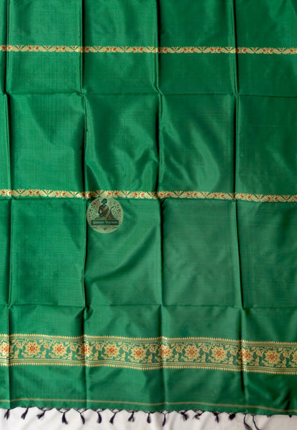 Flat lay of Bishnupur Baluchari pure silk collector stole displaying full mythological motif composition and geometric floral border in handloom silk