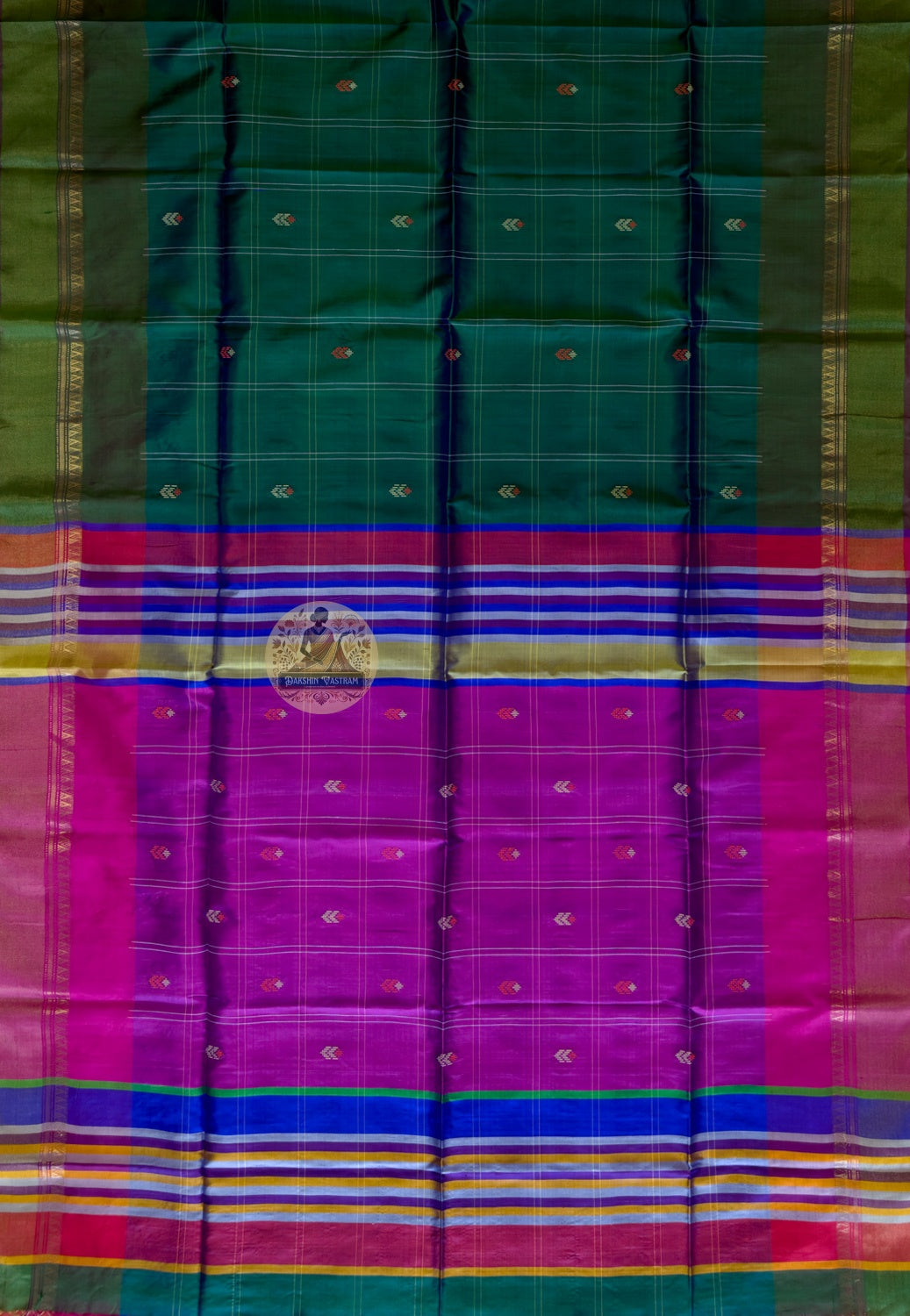 Full view of Bishnupuri pure katan silk saree in complete drape – radiant handwoven Bengal heritage silk enhancing feminine beauty for weddings and Durga Puja