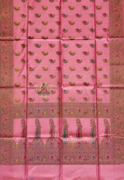 Close-up of master weaver's zari work on Banarasi Muga Tussar Saree showing intricate hand-laid gold thread motifs and dense Banarasi weave on natural golden silk