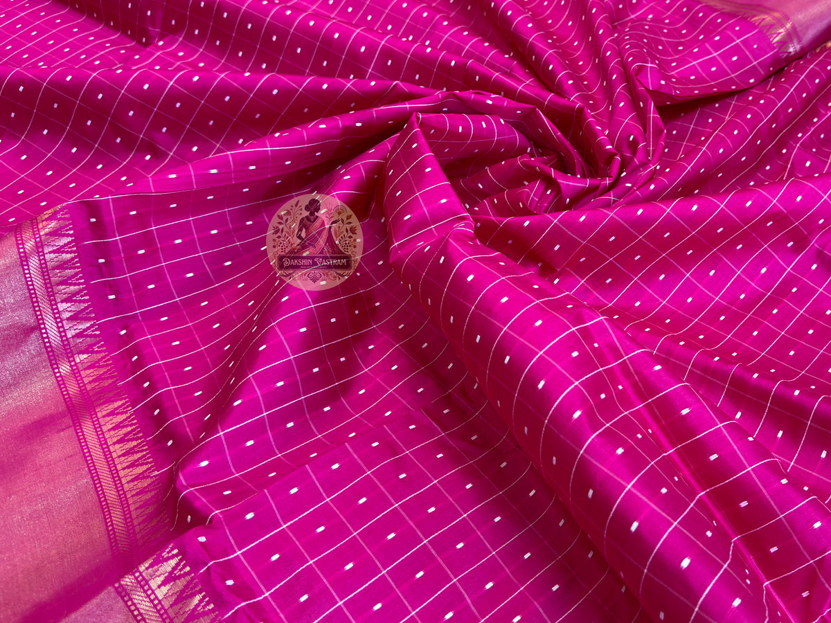 Close-up of Bishnupur Silk Bindu Booti saree – shimmering woven Bindu Booti motifs catching light on pure silk, crafted thread by thread by master weavers in West Bengal