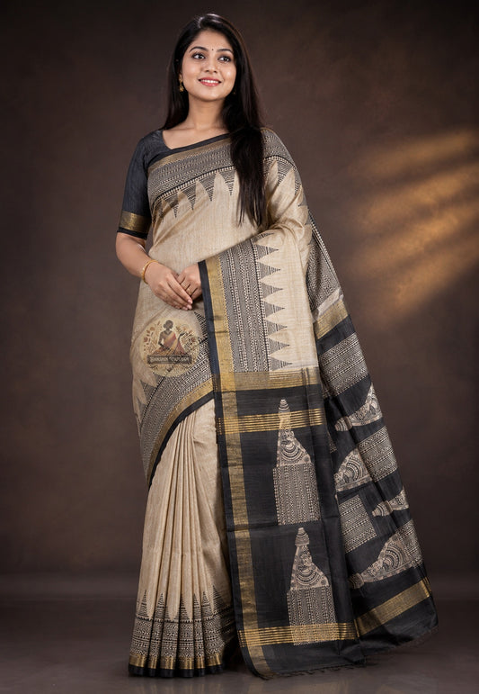 Side view of handwoven Ghicha Tussar Silk Saree showing effortless drape and quiet luxury, breathable raw silk ideal for mehendi ceremonies and festive occasions across India