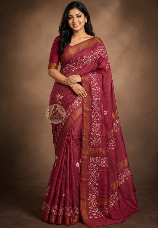 Side view of handwoven Ghicha Tussar Silk Saree showing elegant drape and natural sheen, ideal for Bengali weddings and Indian festive wear