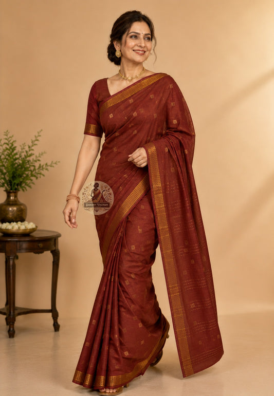 Front view of fine pure cotton handloom saree without blouse piece, perfect for Durga Puja and festive occasions across India