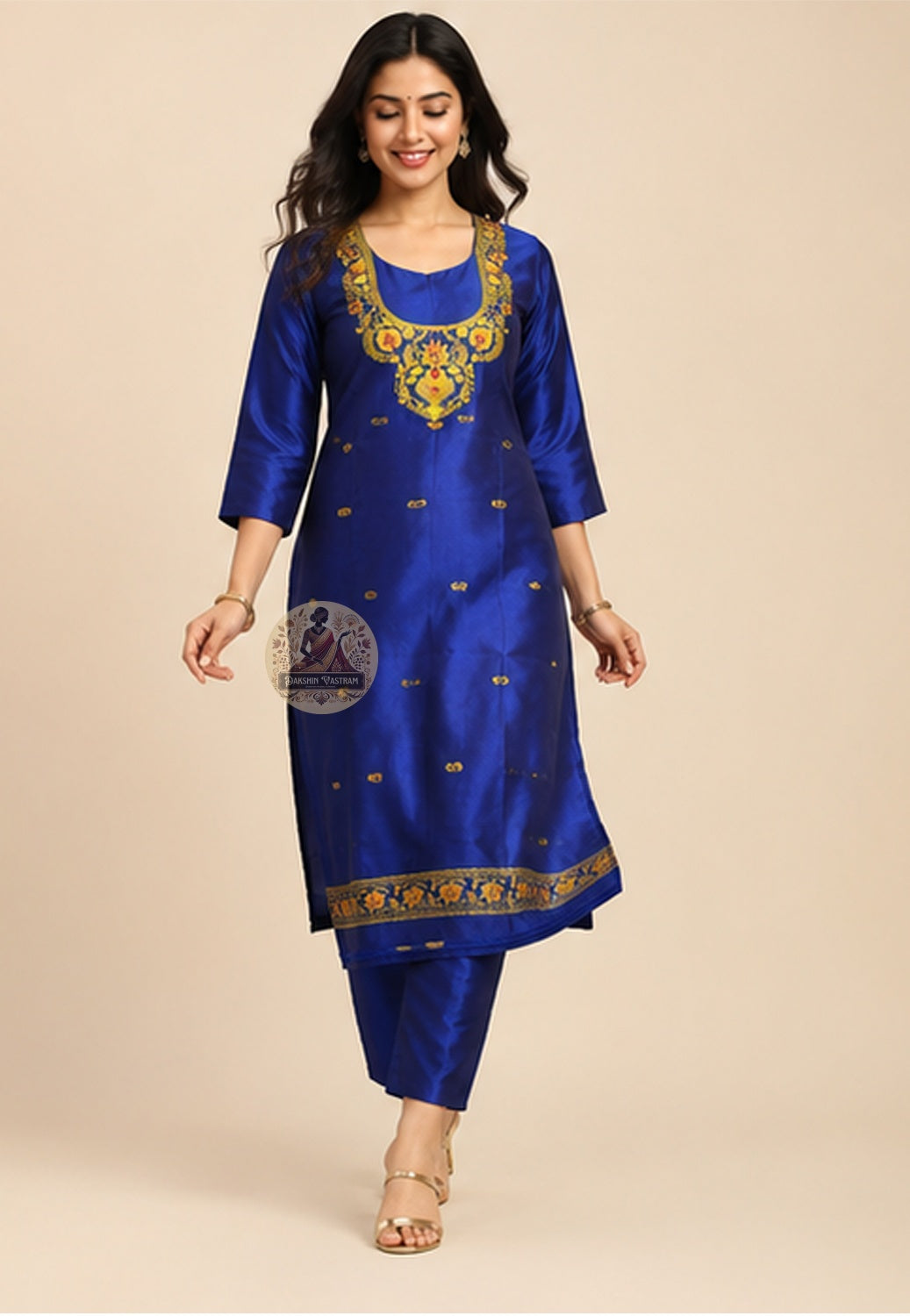Royal Blue Baluchari handloom silk kurti piece with contrasting Resham threadwork detail – premium Indian fabric UK