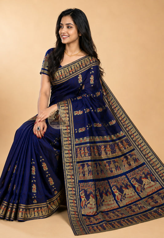 Side profile of handwoven Bishnupur Baluchari Silk Saree showing graceful full-length drape and natural silk sheen inspired by three centuries of Bengal weaving tradition