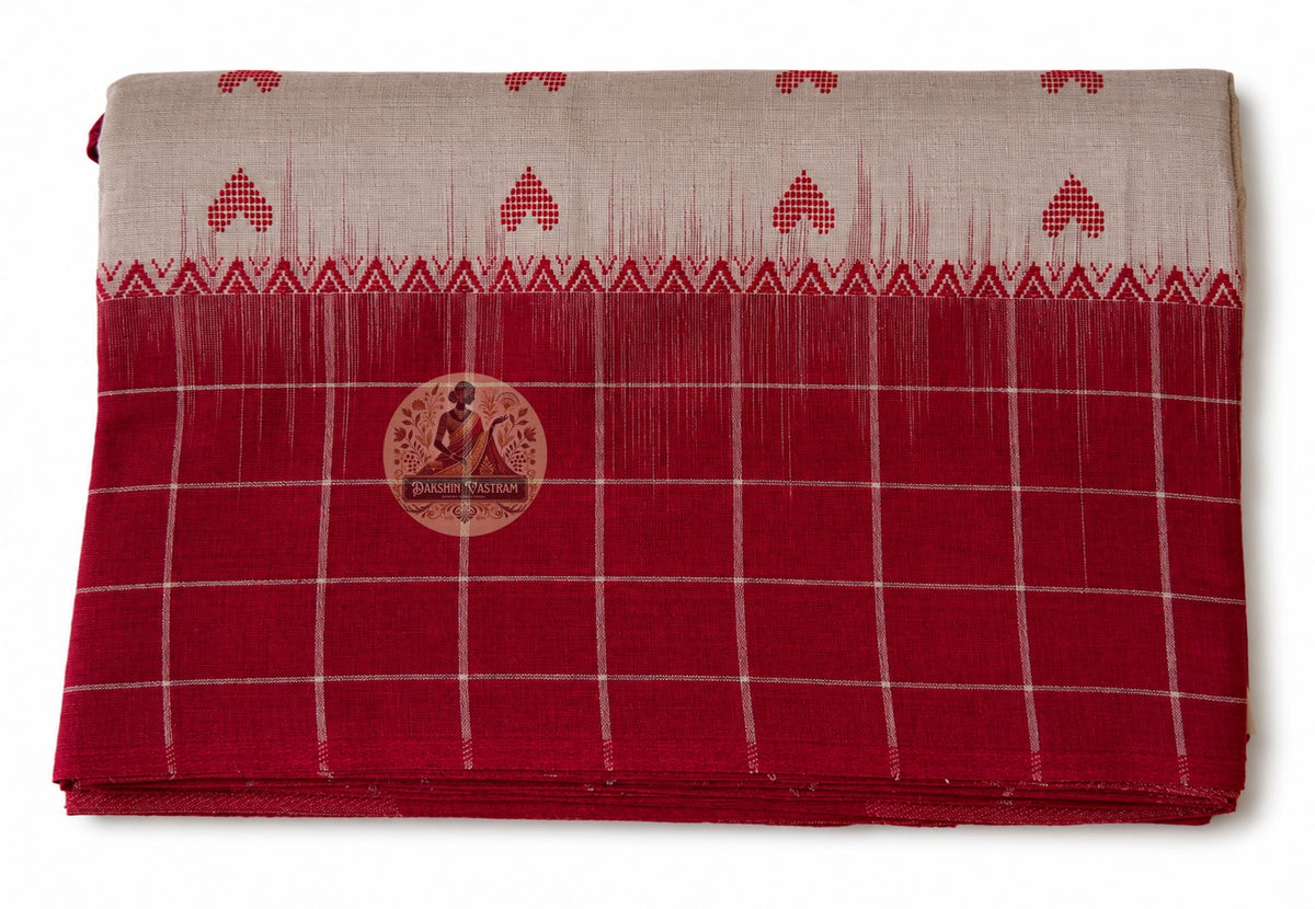 Full length view of pure cotton handloom saree without blouse from Durga Puja 2026 collection, displaying complete body, border, and pallu