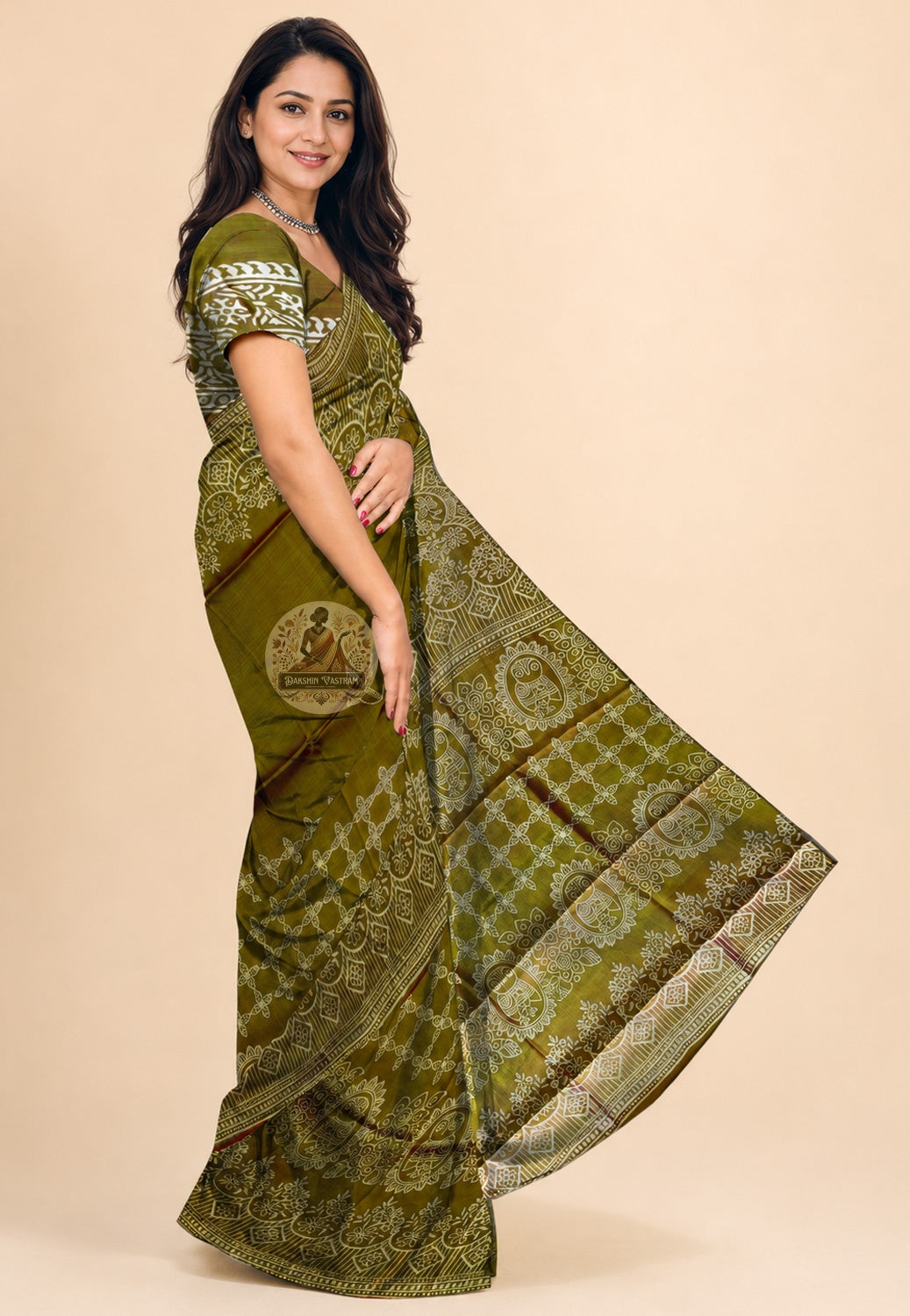 Bishnupur hand block print silk saree side view – pure silk drape with natural lustre, perfect for Durga Puja and cultural celebrations in USA