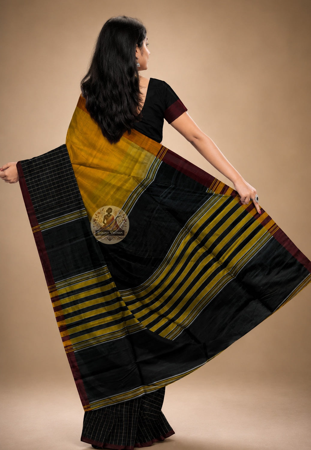 Side view of handwoven Bishnupur Katan Silk Saree showing luxurious drape and fall, perfect for Bengali weddings and Durga Puja