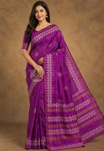 Front view of Ghicha Tussar Silk Saree in golden amber natural tone, handwoven wild forest silk draped on model, perfect for Kojagari Lakshmi Puja in Kolkata and Diwali celebrations in Indore