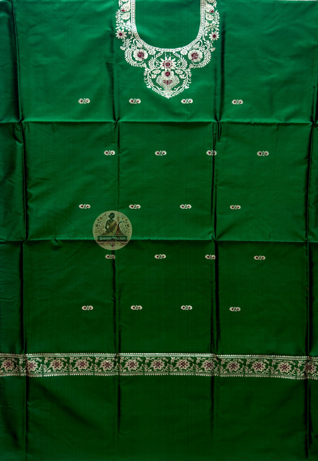 Full view of handloom Baluchari silk unstitched kurti fabric in verdant green with Resham neckline and heritage border motifs
