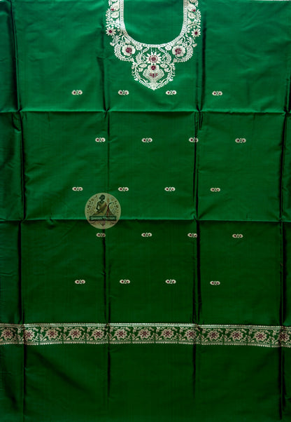 Full view of handloom Baluchari silk unstitched kurti fabric in verdant green with Resham neckline and heritage border motifs