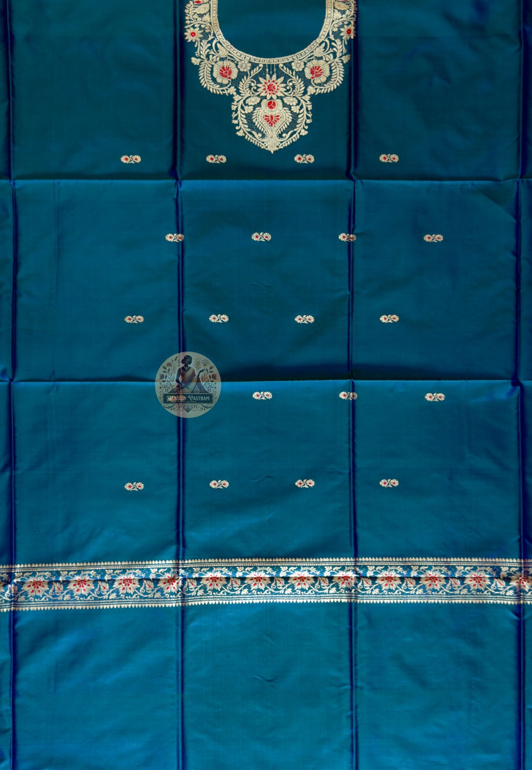 Folded Peacock Green Baluchari Silk unstitched kurti fabric with Resham embroidery – premium Indian dress material for UK, USA and EU