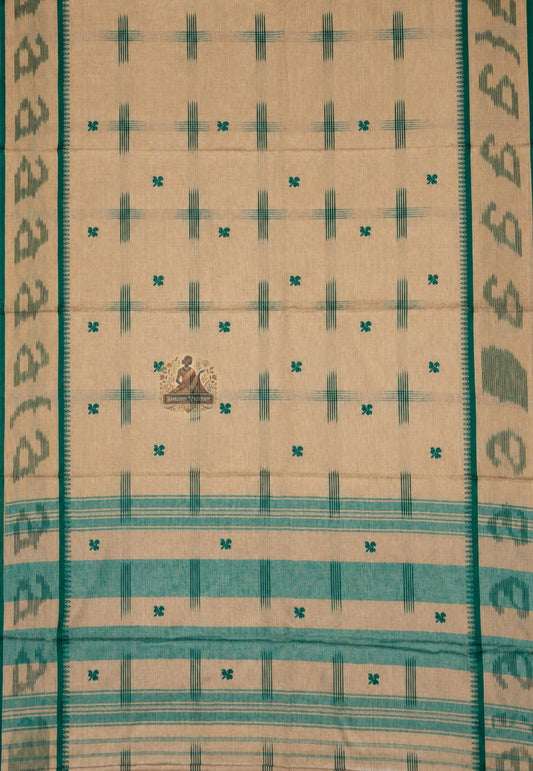 Rear view of handloom pure cotton saree highlighting the pallu and woven border, crafted by Indian weavers for Durga Puja 2026