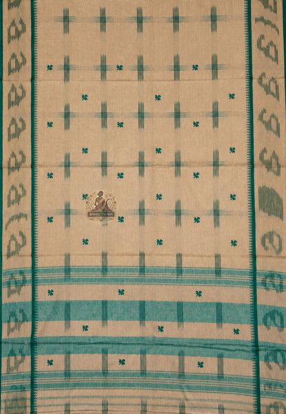 Close-up of handloom pure cotton weave showing fine natural texture, traditional thread work, and the craft of Indian handloom weaving