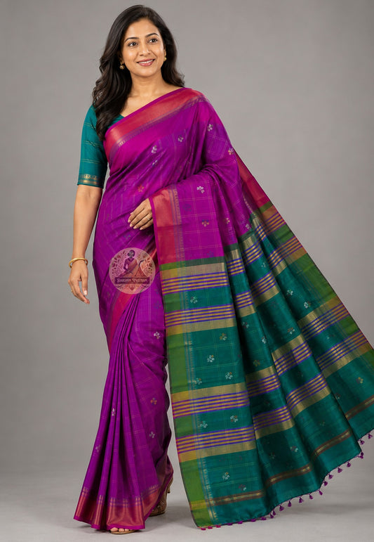 Side view of Bishnupuri handwoven katan silk saree – structured silhouette and fluid drape enhancing feminine elegance, premium Bengal handloom by Dakshin Vastram