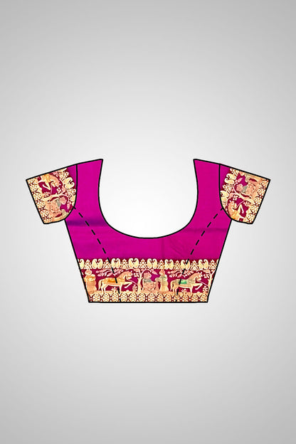Buy Handloom Baluchari Saree online – Saree displayed with blouse