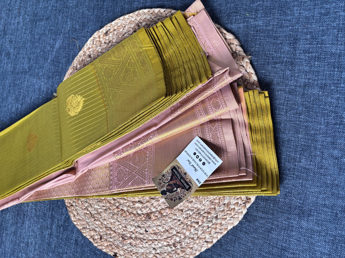 Semi Kanjivaram saree flat lay showing zari pallu and blouse piece – new arrival Indian saree UK