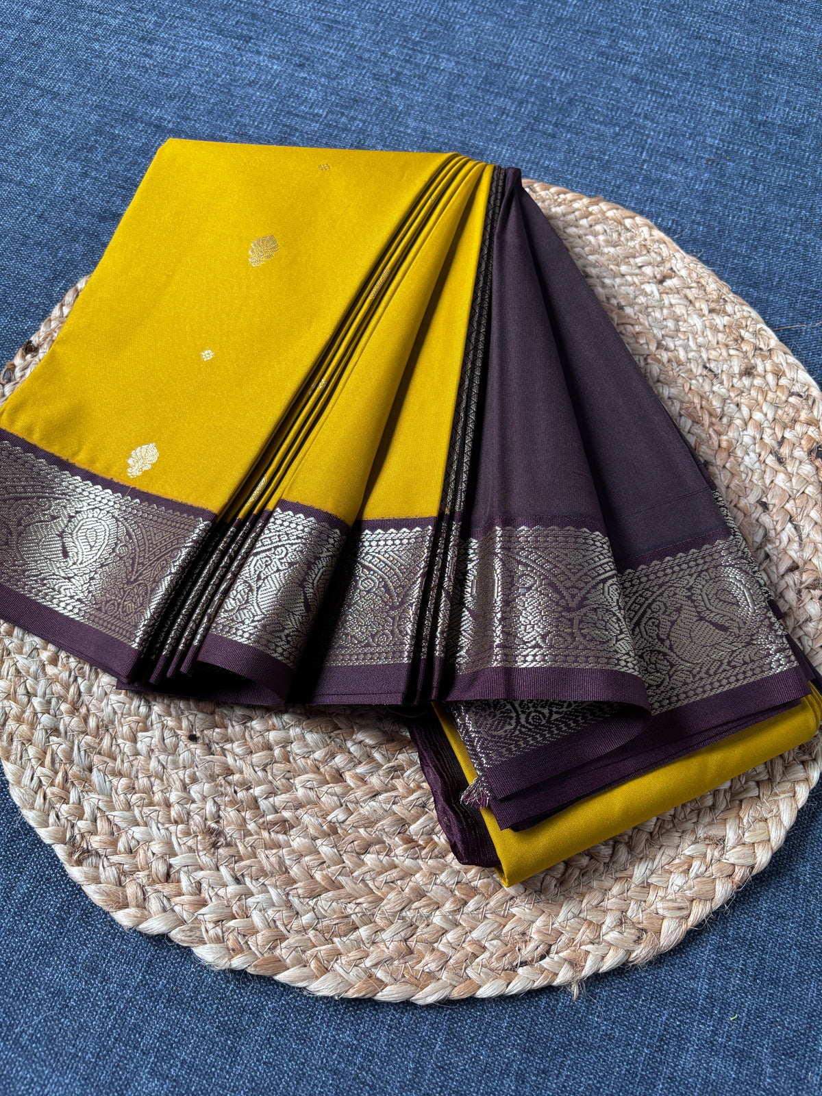Semi Kanjivaram saree draped elegantly showing full pallu detail – Dakshin Vastram