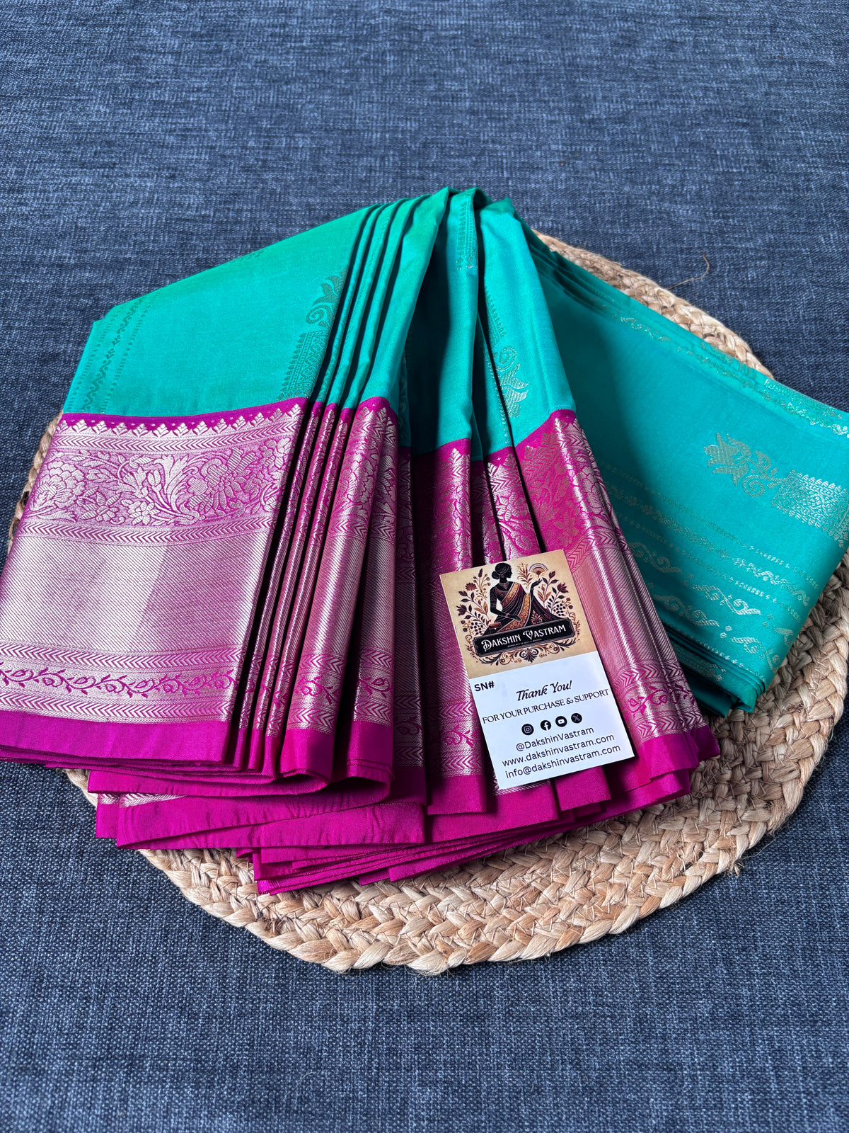 Semi Kanjeevaram saree flat lay showing full length and blouse piece – buy Indian saree online UK