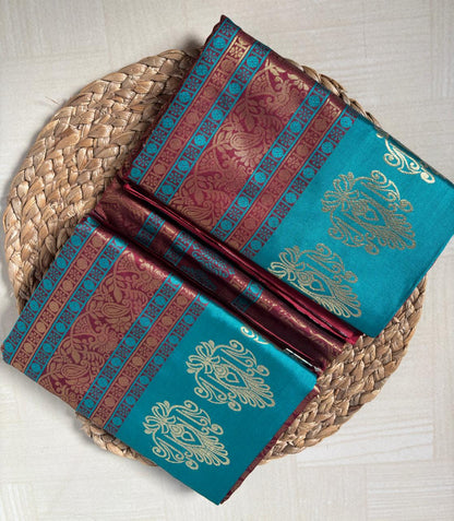 Buy Teal Green Semi Silk Saree with Maroon Zari online – Teal Saree side view