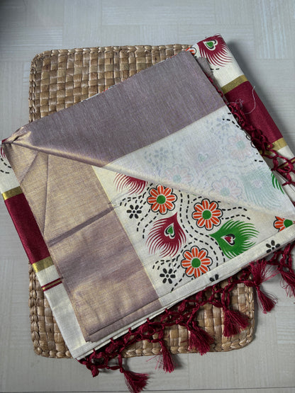Buy Kerala Kasavu Saree with Maroon Border online – Kasavu Saree side view