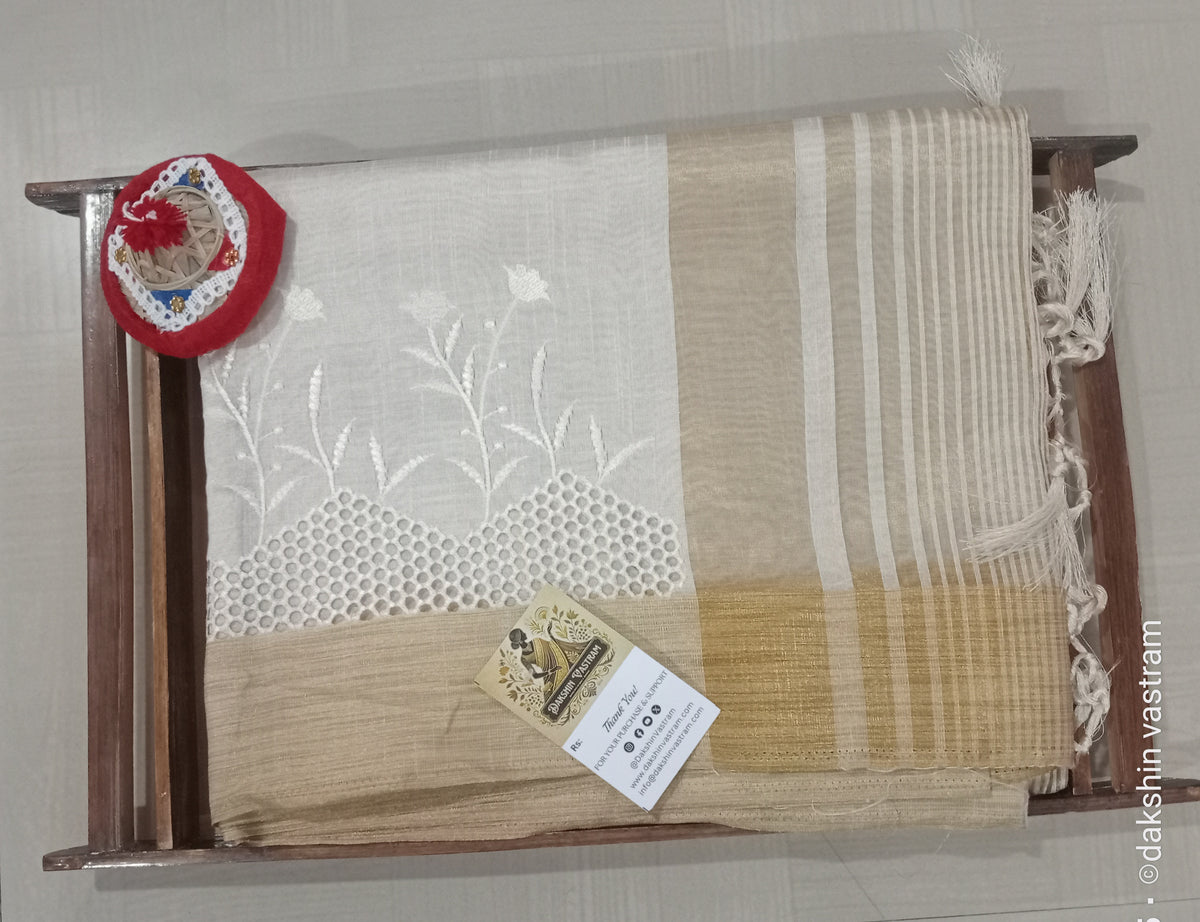 Front side view of Tussar Embroidery Saree showcasing intricate designs and luxurious fabric