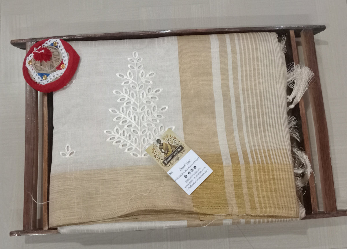 Front side view of Tussar Embroidery Saree with intricate designs and luxurious silk fabric