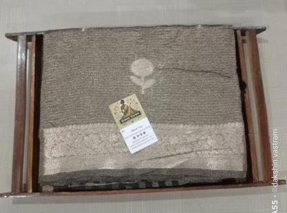 Front side view of Tissue Banarasi Saree with intricate weave and organic silk texture