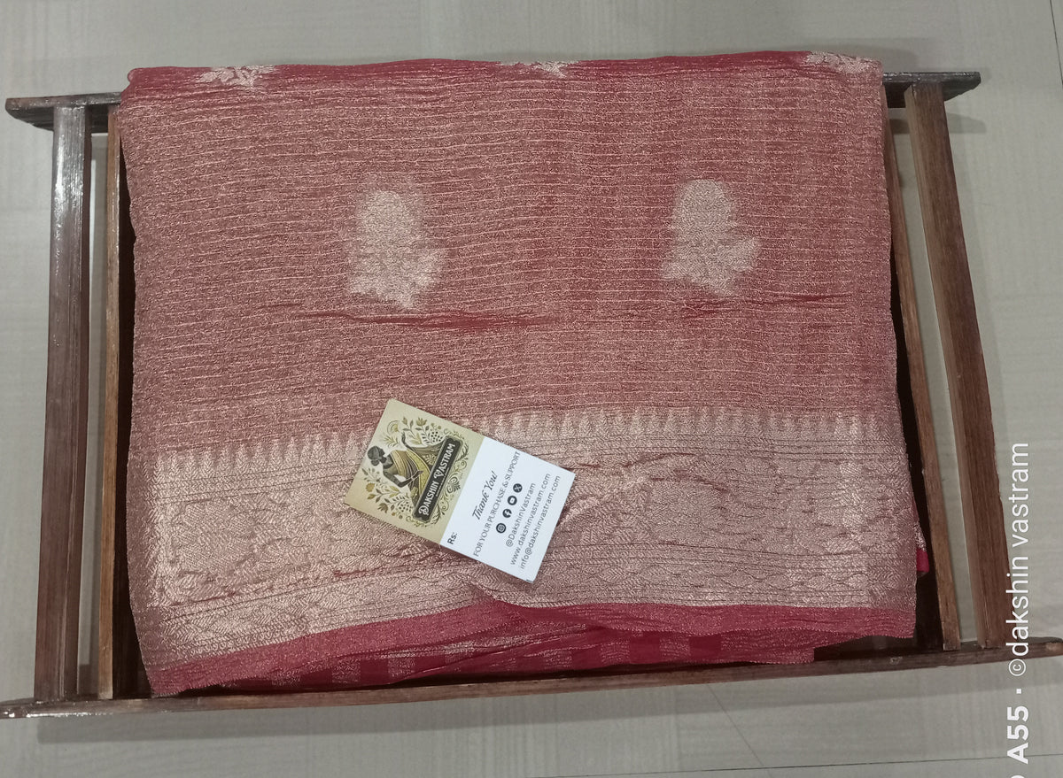 Front side view of Organic Tissue Banarasi Silk Saree with intricate weave and luxurious texture